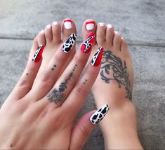 Southern Acrylic Nail Ideas, Red And White Western Nails, Western Red Nails, Red Cow Nails, Red Cow Print Nails, White Western Nails, Zach Bryan Nails, Red Western Nails, Southern Nails