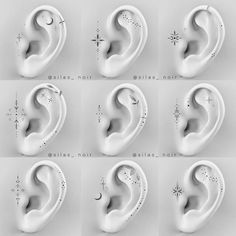 six different types of ear piercings with stars and moon designs on the sides, all in white