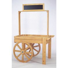 a wooden cart with wheels and a chalkboard on it's back end, against a white background