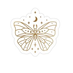 a gold butterfly with stars on it's wings and the moon in the background