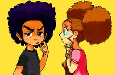 two cartoon characters one with an afro and the other with short hair, both looking at each other