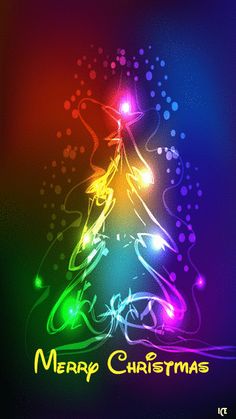 a christmas card with a colorful tree on the front and bottom corner, in bright colors