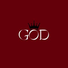 the word god with a crown on it's head, against a red background