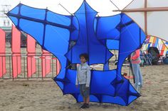 a young boy standing next to a large blue kite on top of a sandy beach