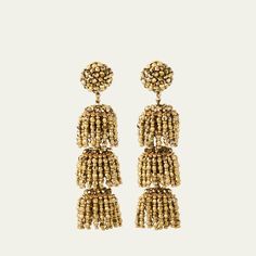 Oscar de la Renta earrings Approx. 1.4"L x 3.5"W Gold-tone brass Glass and plastic beads Clip-on backs with comfort pads Spot clean Imported Plastic Beads, Bergdorf Goodman, Gold Tones, Tops Designs, Jewelry Earrings, Brass, Luxury Fashion, Beads, Glass