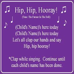 a purple background with music notes on it and the words hip, hip hooray