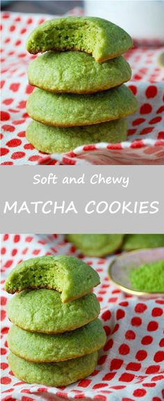 green cookies stacked on top of each other with the words soft and chewy matcha cookies