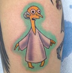 a cartoon character is depicted on the leg