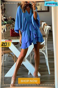 Ruffle Bat Sleeve V Neck Button Mini Dress Bat Sleeve, Bat, Shop Now, Mini Dress, V Neck, Best Deals