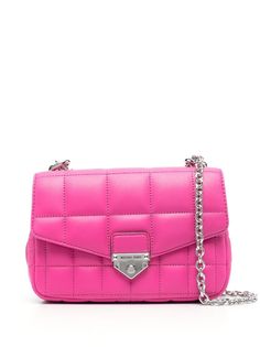 hot pink calf leather quilted clasp fastening foldover top chain-link shoulder strap Pink Shoulder Bags, Pink Shoulder Bag, Michael Kors Crossbody Bag, Michael Kors Shoulder Bag, Quilted Crossbody Bag, Fuchsia Pink, Handbags Michael Kors, Quilted Leather, Pink Leather