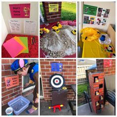 there are many pictures of different activities in the house that kids can do with construction materials