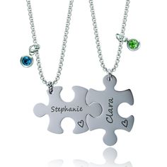 two pieces of puzzle necklaces with names on them