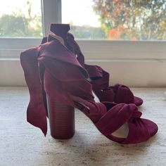 Raye Mia Velvet Sandals In Burgundy In Size 6. Brand New Velvet Tie Sandals, Purchased From Revolve. Gorgeous Burgundy Color And Perfect For The Fall Or Holiday Season. Velvet Textile Upper With Leather Sole. Wrap Tie Closure. Heel Measures Approx 3.5" H. Suede Wrapped Heel Block Heels For Party, Party Suede Block Heels With Wrapped Heel, Suede Block Heels With Wrapped Heel For Party, Burgundy Round Toe Sandals For Party, Burgundy Open Toe Sandals For Evening, Burgundy Sandals For Summer Evenings, Burgundy Sandals For Evening In Summer, Burgundy Heels For Summer Evenings, Summer Suede Block Heels With Wrapped Heel