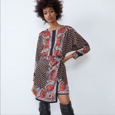 Nwt Satin Feel Bohemian Style Fall Dresses For Workwear, Bohemian Fall Dresses For Workwear, Bohemian Midi Dress For Work, Fitted Paisley Print Mini Dress For Fall, Elegant Paisley Print Mini Dress, Elegant Fall Dresses With Boho Print, Elegant Boho Print Dresses For Fall, Brown Long Sleeve Boho Print Dress, Black Paisley Print Dress For Fall