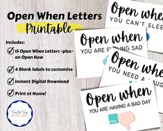 four open letter cards with the words open when you're having bad day and an envelope