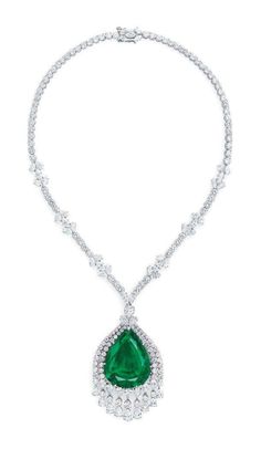 Handmade Necklace Silver weight: 67.000 Grams Gemstone: Moissanite Diamond & Emerald Moissanite weight: 37.90 ct Moissanite Shape: Round, Pear & Marquis Moissanite color : White Natural Moissanite Moissanite & Emerald : Lab created Necklace Length: 18.00 Inches Necklace Width: 4.50 Inches Emerald Weight: 22.00 ct Stone putting: Prongs Metal: Silver Silver Purity: 925 Necklace Finished: White Grand Duchess Vladimir, Russian Queen, Diamond Pendent, Catherine The Great, Edwardian Style, Diamond Brooch, Marquise Cut Diamond, Pendent Necklace, Emerald Necklace