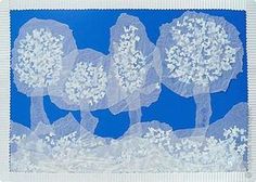 an altered photograph of three trees on a blue and white background with flowers in the middle