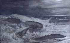 a drawing of waves crashing on rocks in the ocean