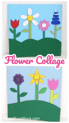 two pictures with flowers on them and the words flower collage written in pink, blue, and green