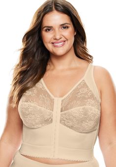 Experience extra back support with crisscross power mesh back designed to improve posture. Enjoy the convenience and ease of front hook closures, making this bra simple to put on and take off. Benefit from firm control and a flattering shape, thanks to flexible side boning and a sturdy two-inch bottom band. Stay comfortable all day with wireless cups that offer a natural shape and light lift. Wide straps distribute, relieving shoulder pressure and enhancing comfort. Crafted with a blend of poly, Posture Bra, Perfect Swimsuit, Nice Clothes, Beautiful Bra, Longline Bra, Improve Posture, Everyday Bra, Swimsuits For All, Womens Bras