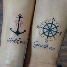 two people with matching tattoos on their arms, both have anchor and compass tattoo designs