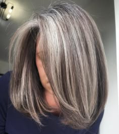 Salt and Pepper Lob with Natural Brown Lowlights Salt And Pepper Hair Color, Pepper Hair Color, Wigs With Highlights, Grey Brown Hair, Italian Bob, Gray Balayage, Pepper Hair, Grey Hair Transformation