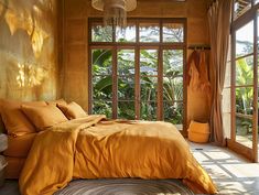 a bed with yellow sheets and pillows in a bedroom next to a large open window