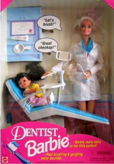 1997 Talking Dentist Barbie w/Hispanic patient. $200.00 #dentalquotesideas Dental Health Month Activities, Dental School Graduation, Registered Dental Hygienist, Dental Health Month, Dental Implants Cost, Dentistry Student