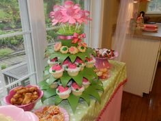 a table topped with cupcakes and pastries next to a window