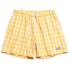 "LANI'S General Store Short Length Palaka Shorts. Palaka is fabric used for those who worked in the plantations during the early 19th century Hawaii. In 1930's Palaka shirts with blue jeans became popular Hawaiian style loved by the locals. ［About Item］ Unisex short length palaka shorts. ・Color: Yellow ・Elastic waist band with drawstring ・Side pockets ・100% Cotton ・Made in Hawaii U.S.A. - Size - XS (28-29inch) inseam : 4 1/2\" S (30-31inch) inseam : 5\" M (32-33inch) inseam : 5 1/2\" L (34-35inc Yellow Cotton Summer Shorts, Cute Yellow Shorts, Yellow Cotton High-waisted Shorts, Yellow Cotton Jean Shorts, Cheap Yellow Playwear Shorts, Hawaii Usa, General Store, Hawaiian Style, Unisex Shorts