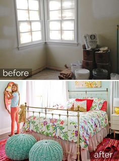 before and after photos of a child's bedroom, the bed is made up