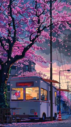 a painting of a food truck parked next to a tree with pink flowers on it