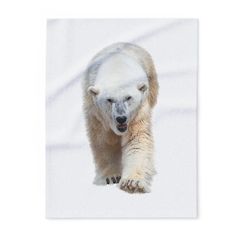 a polar bear is running across the snow covered ground with his paws in the air