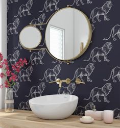 a bathroom sink sitting under a mirror in front of a wall mounted faucet