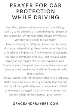 a prayer card with the words prayer for car protection while driving in white and black