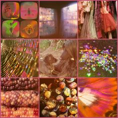 a collage of pictures with different colors and patterns on them, including an image of a woman's dress