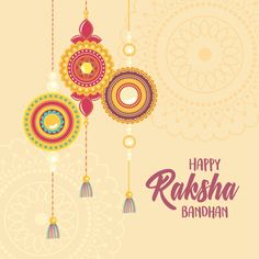 happy radisha bandhan greeting card with colorful ornaments and tassels on beige background