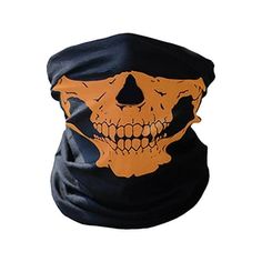 a skull wearing a black bandana with orange skulls on the front and back side