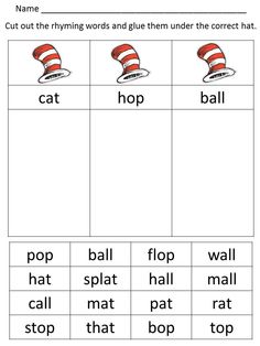 the cat in the hat worksheet with words and pictures to help students learn how to