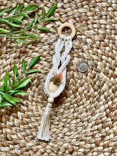 a close up of a tassel on top of a woven mat with plants and coins