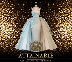 a mannequin dress on display in front of a gold glitter background with the words attainable custom content by assems