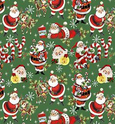 a green background with santa claus and other christmas related items, including candy canes