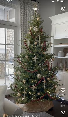 a decorated christmas tree in a living room next to a window with the lights on