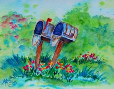 watercolor painting of two mailboxes in the grass with flowers and trees behind them