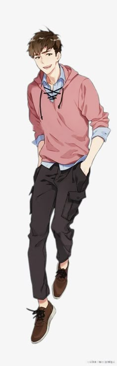 a drawing of a man in a pink shirt and black pants with his hands on his hips