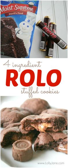 collage of different chocolate treats with text overlay that reads, an ingredient for rolo stuffed cookies