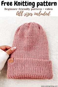 a pink knitted beanie with text overlay that says free knitting pattern beginner friendly