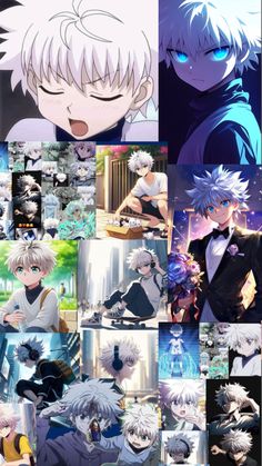 many different anime characters with blue eyes and white hair, all looking at each other