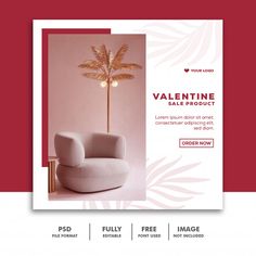 a valentine sale flyer with a chair and palm tree in the corner, on a red background