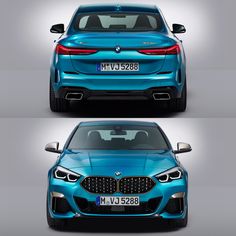 the front and back view of a blue bmw car